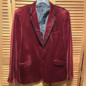 Blu Martini Elegant Rich Burgundy Velvet Formal Blazer with Black Trim